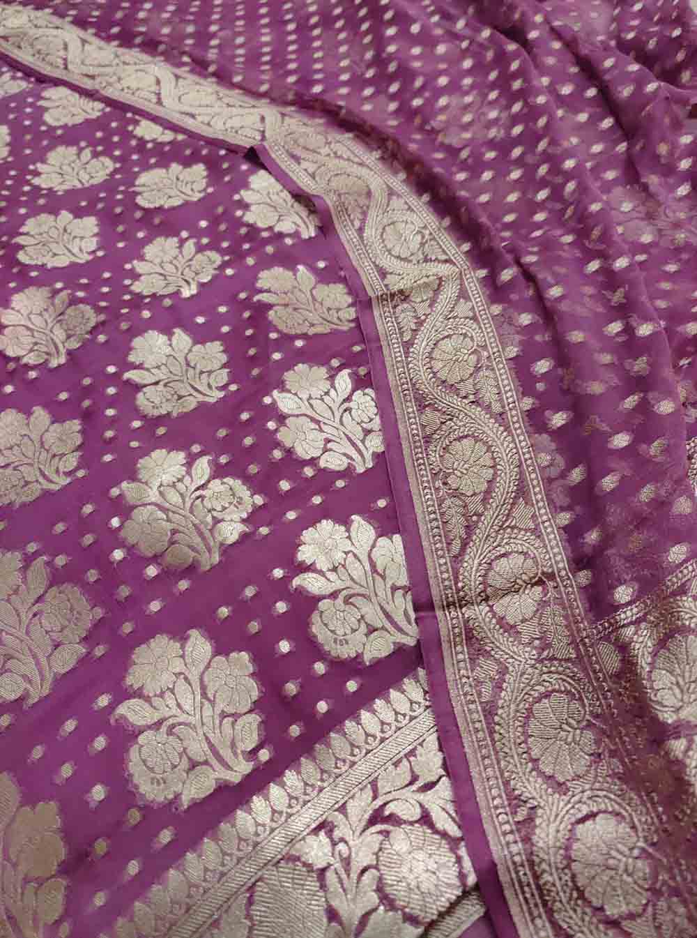 Purple Handloom Banarasi Pure Georgette Three Piece Unstitched Suit Set - Luxurion World