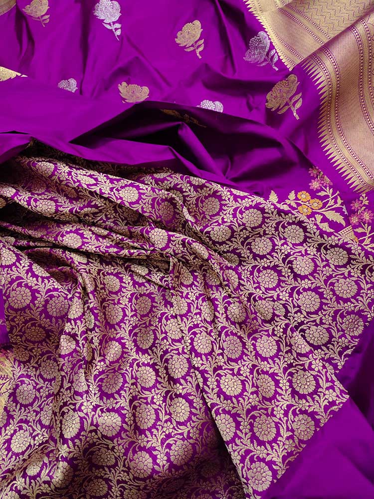 Purple Handloom Banarasi Pure Katan Silk Meenakari Saree - Luxurion World