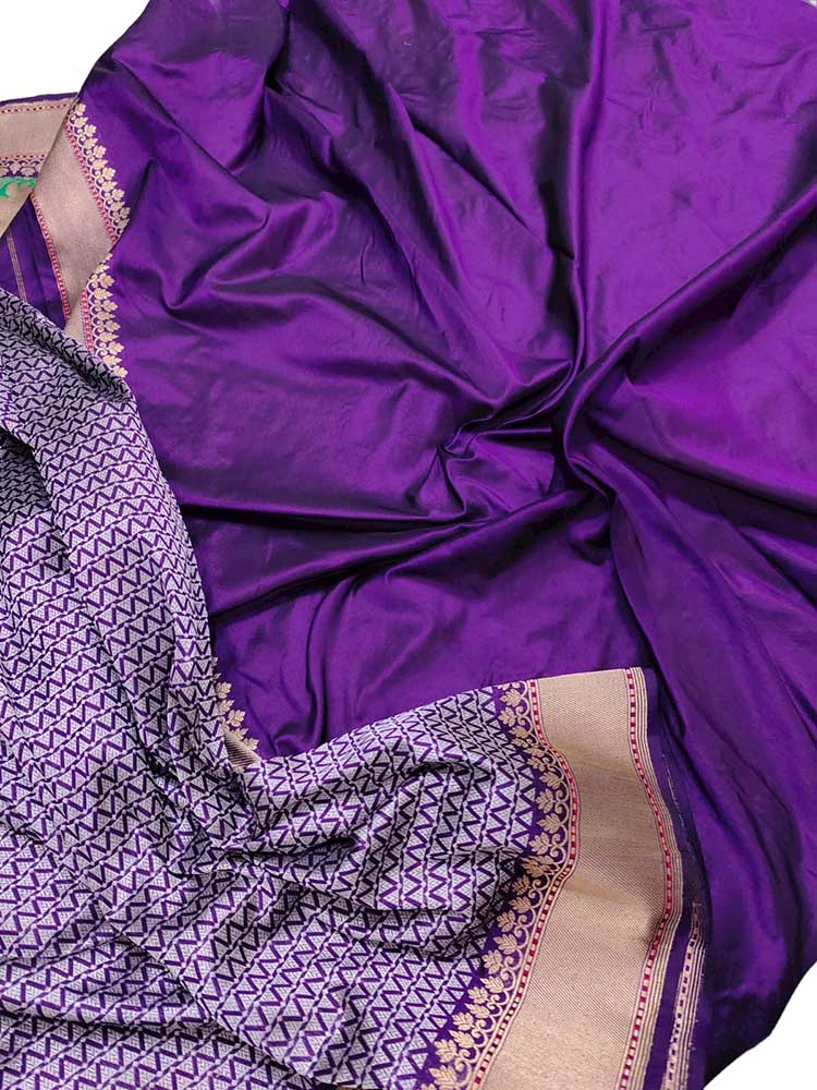 Purple Handloom Banarasi Pure Katan Silk Silver Zari Tanchui Tilfi Border Saree - Luxurion World