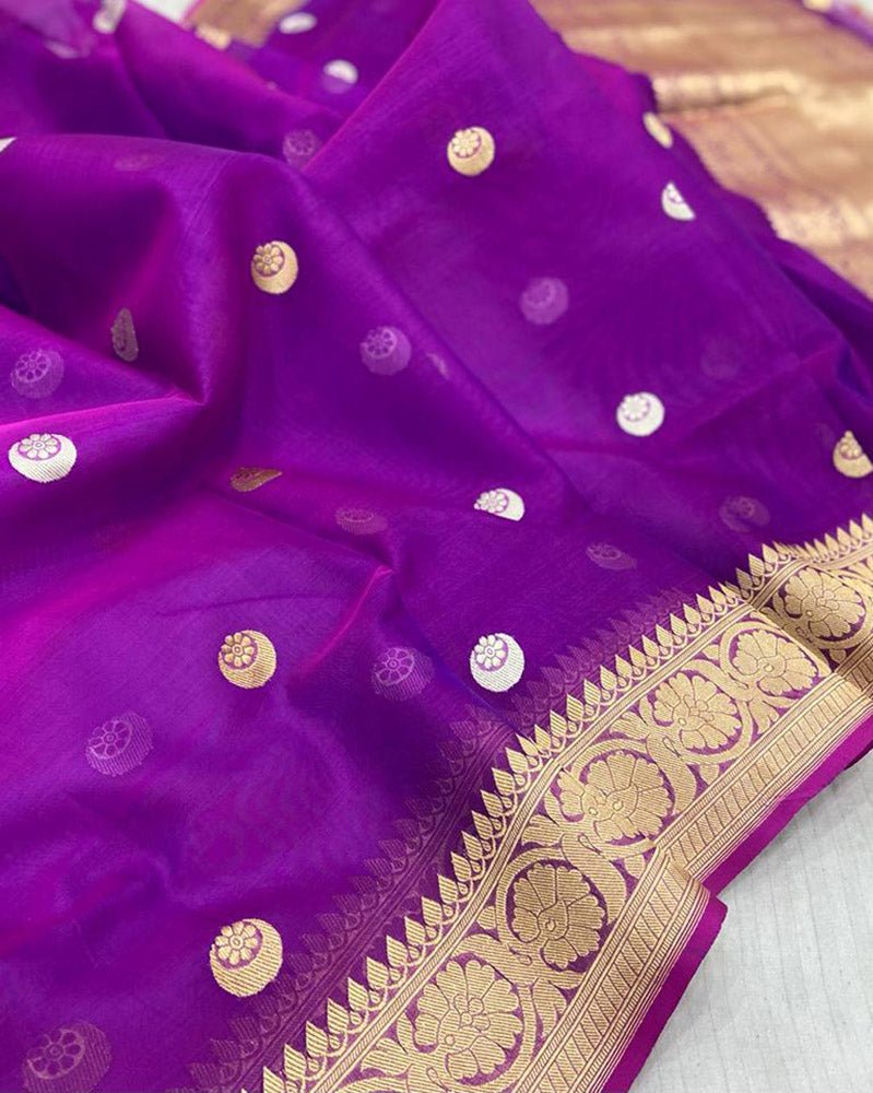 Purple Handloom Banarasi Pure Kora Silk Chand Boota Design Saree - Luxurion World