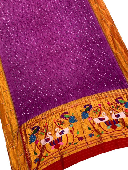 Purple Handloom Bandhani Paithani Pure Silk Muniya Border Dupatta - Luxurion World