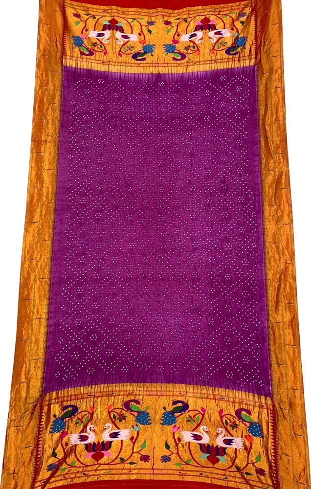 Purple Handloom Bandhani Paithani Pure Silk Muniya Border Dupatta - Luxurion World