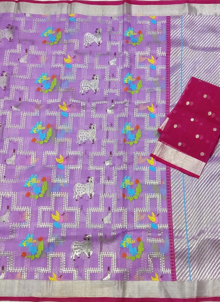 Purple Handloom Kota Doria Real Zari Saree - Luxurion World