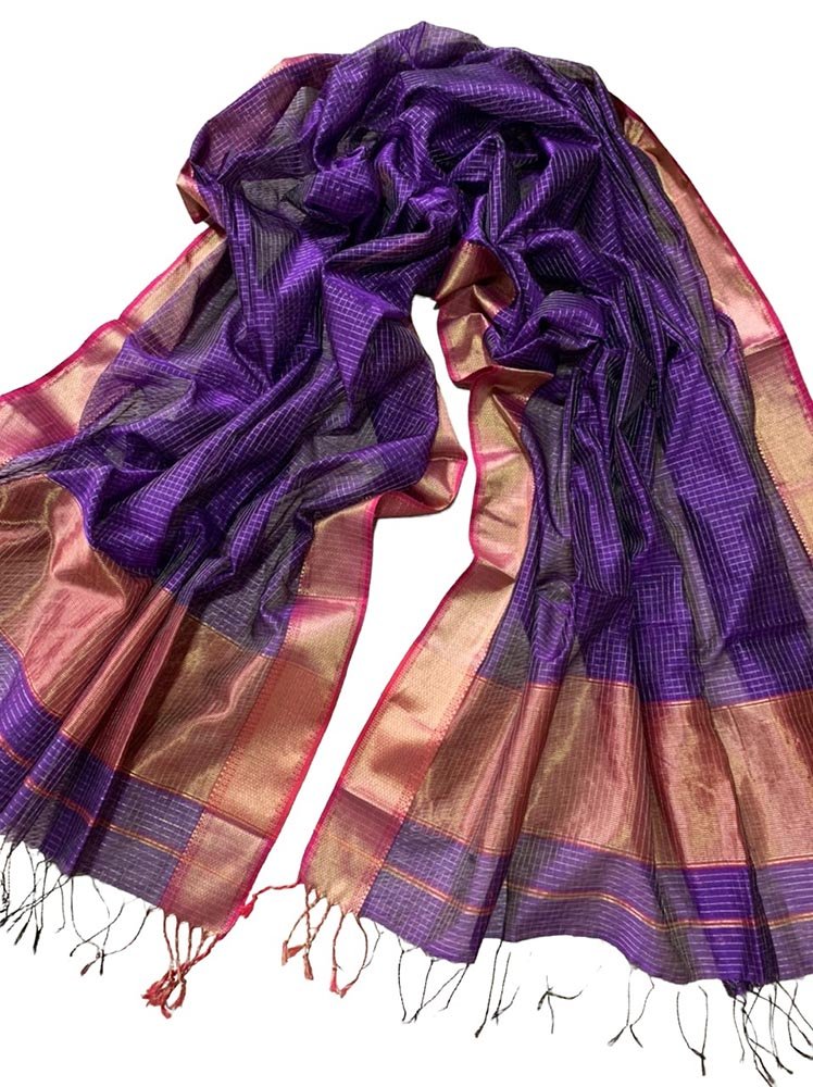 Purple Handloom Maheshwari Silk Cotton Dupatta - Luxurion World