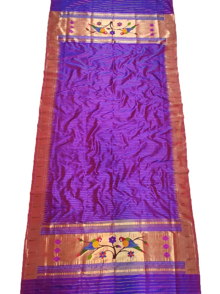 Purple Handloom Paithani Pure Silk Single Muniya Border Parrot Design Dupatta - Luxurion World