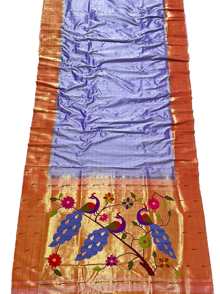 Purple Handloom Paithani Pure Silk Triple Muniya Border Checks Design Saree - Luxurion World