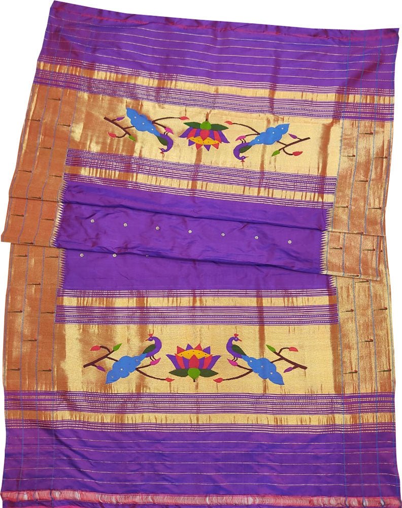 Purple Handloom Paithani Pure Silk Triple Muniya Border Dupatta - Luxurion World