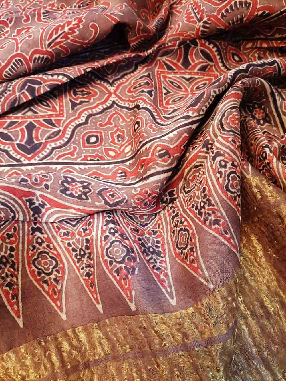 Red Ajrakh Block Printed Chanderi Silk Tissue Border Dupatta - Luxurion World