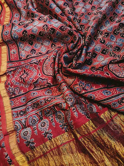 Red Ajrakh Block Printed Chanderi Silk Tissue Border Dupatta - Luxurion World