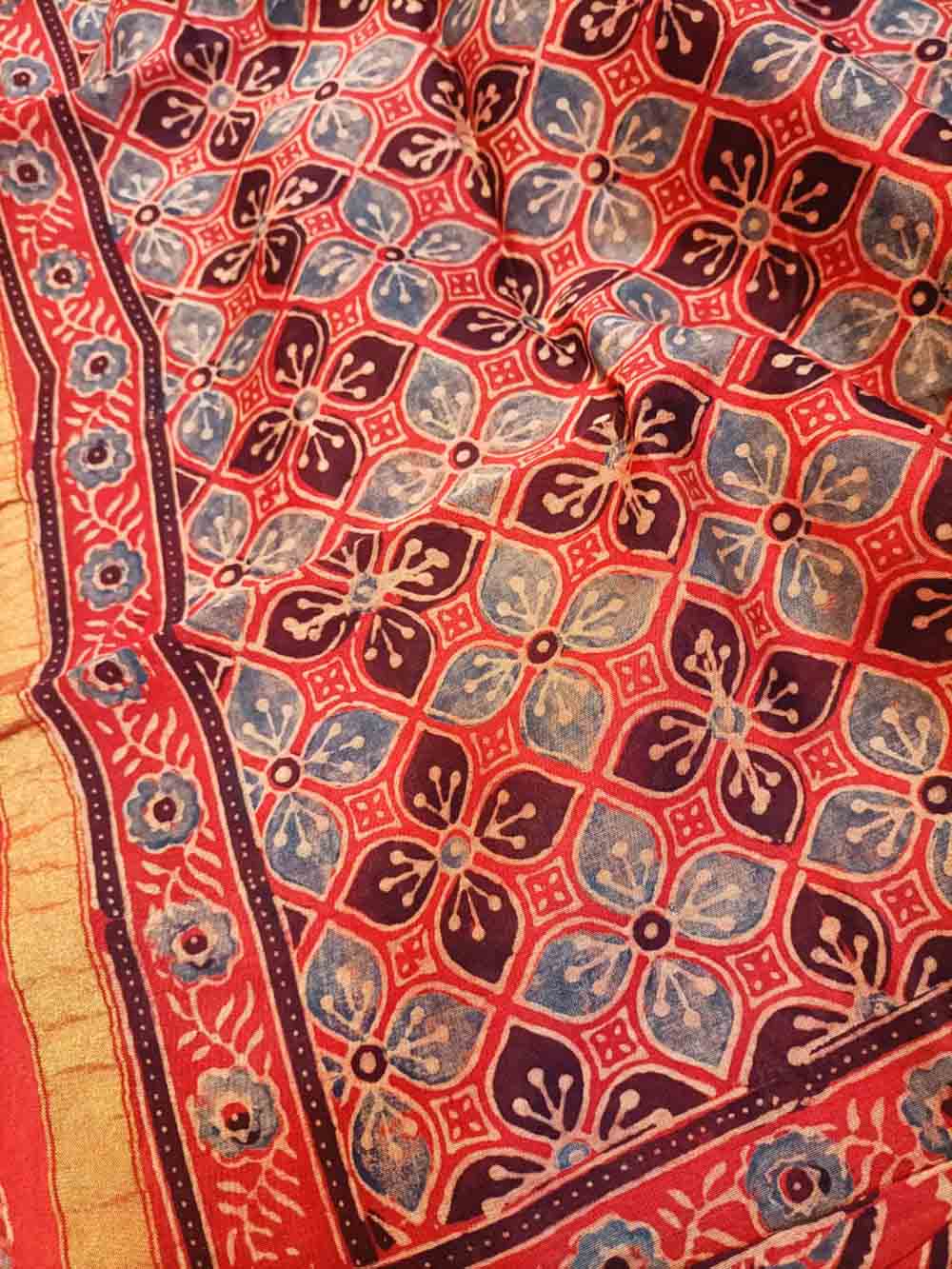 Red Ajrakh Block Printed Chanderi Silk Tissue Border Dupatta - Luxurion World