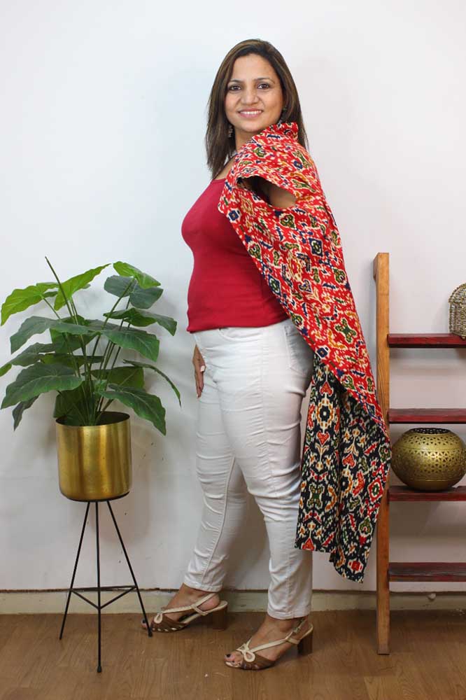 Red And Black Double Ikat Pure Cotton Reversible Long Jacket - Luxurion World