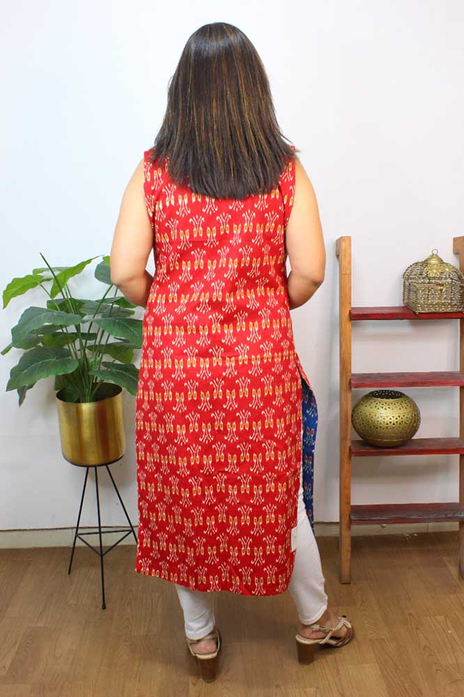 Red And Blue Ikat Pure Cotton Reversible Long Jacket - Luxurion World