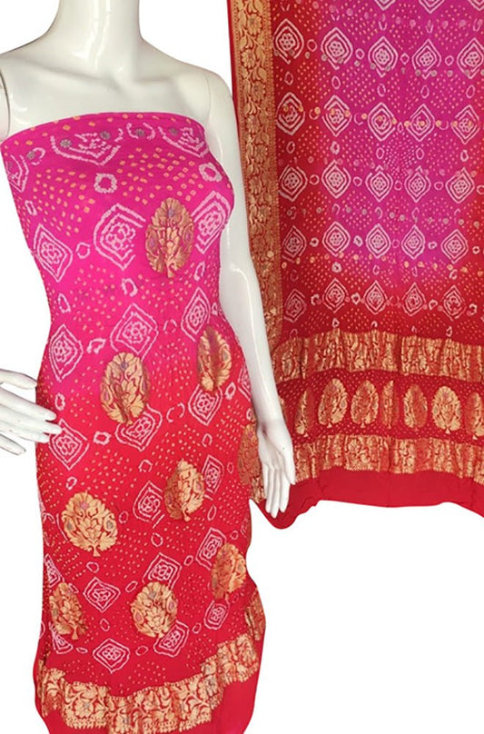 Red And Pink Bandhani Pure Georgette Three Piece Unstitched Suit Set - Luxurion World