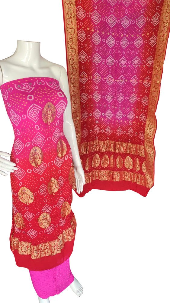 Red And Pink Bandhani Pure Georgette Three Piece Unstitched Suit Set - Luxurion World