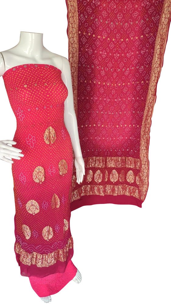 Red And Pink Bandhani Pure Georgette Three Piece Unstitched Suit Set - Luxurion World