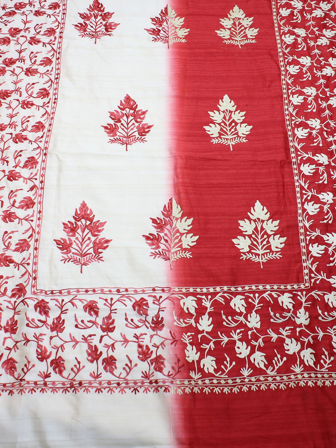Red And White Embroidered Kashmiri Aari Work Tussar Silk Saree - Luxurion World
