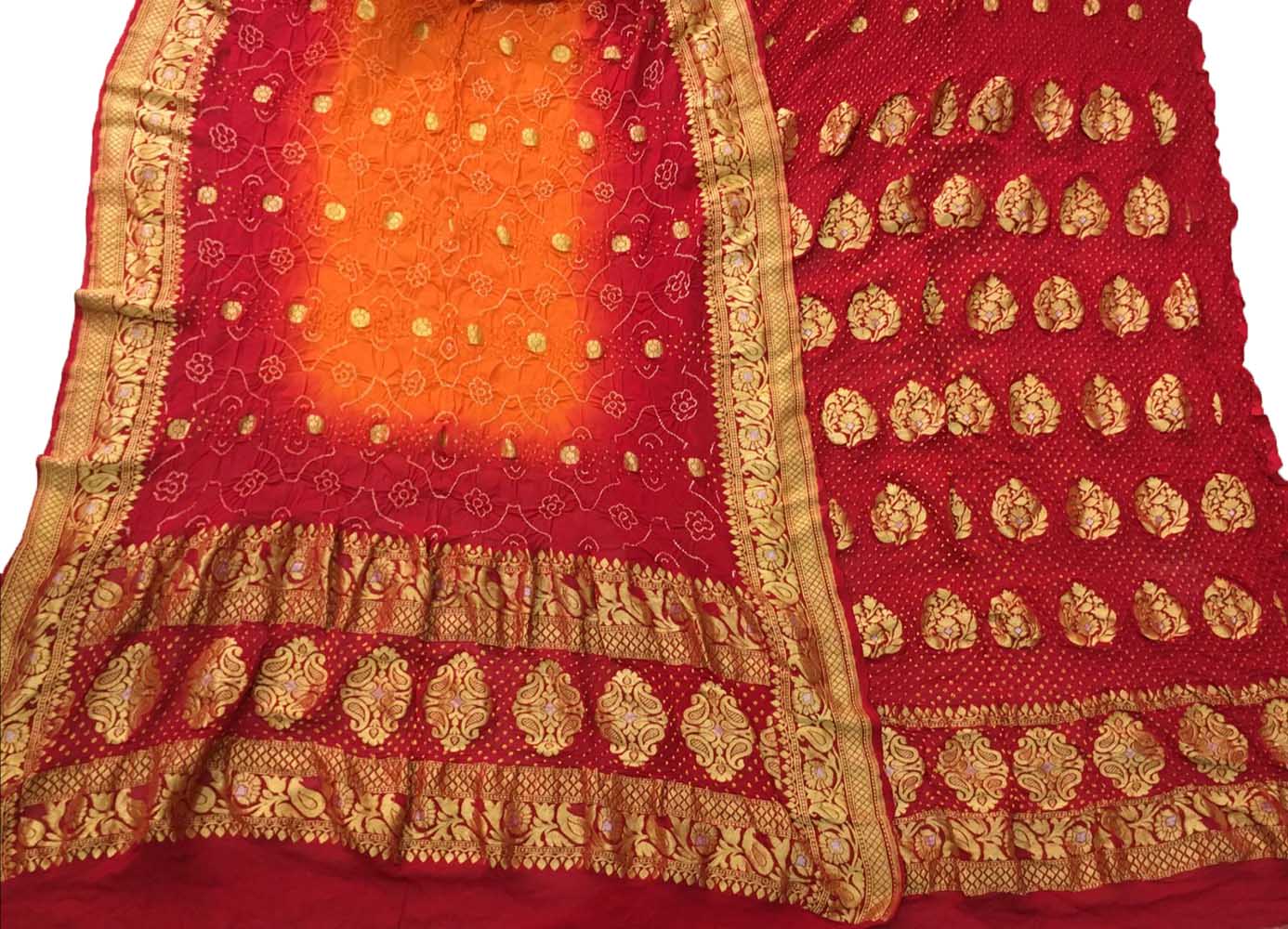 Red And Yellow Banarasi Bandhani Pure Georgette Three Piece Unstitched Suit Set - Luxurion World