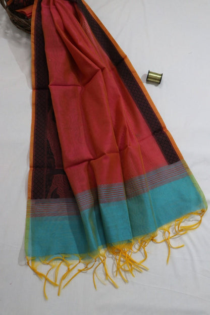 Red Banarasi Chanderi Silk Ghat Design Dupatta - Luxurion World
