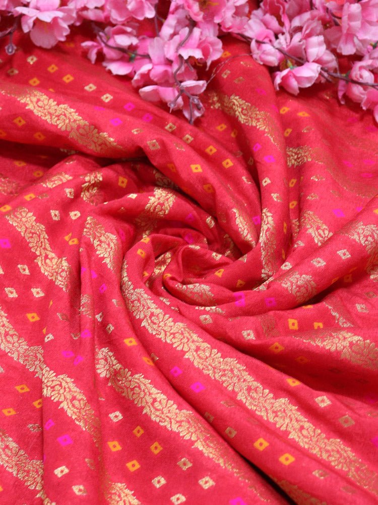 Red Banarasi Meenakari Bandhani Design Silk Fabric ( 1 Mtr ) - Luxurion World
