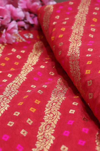 Red Banarasi Meenakari Bandhani Design Silk Fabric ( 1 Mtr ) - Luxurion World