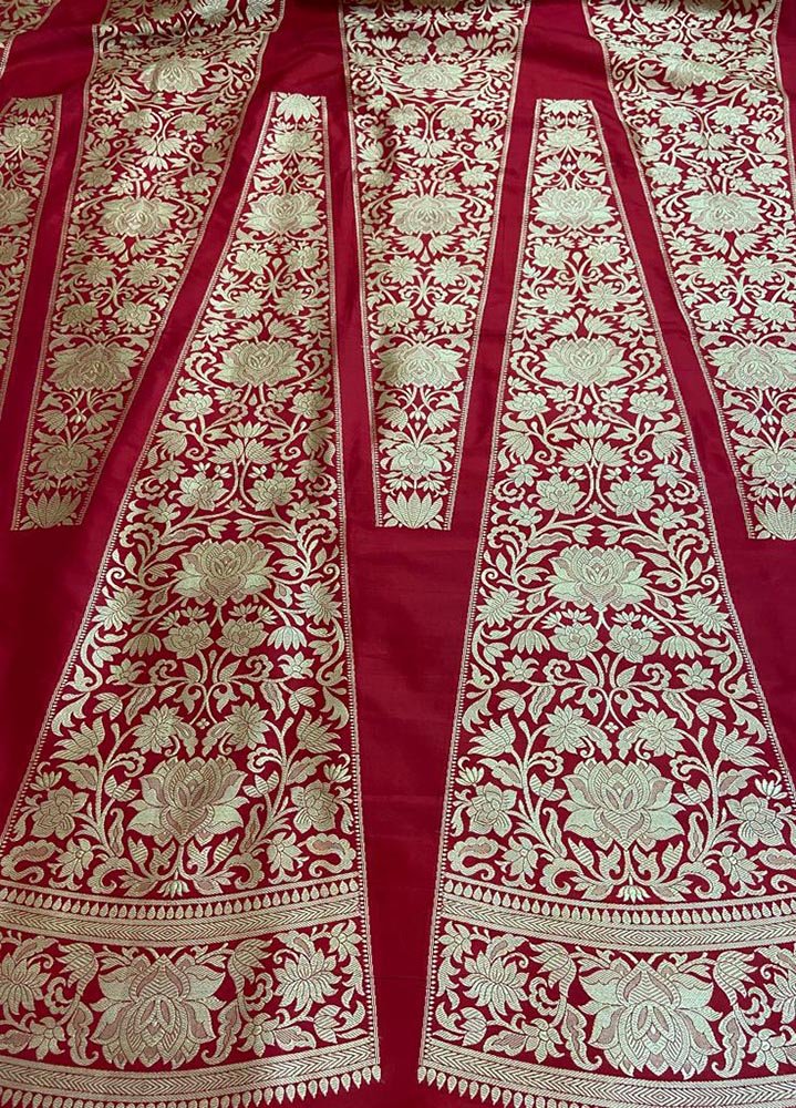 Red Banarasi Pure Katan Silk Unstitched Lehenga Set - Luxurion World