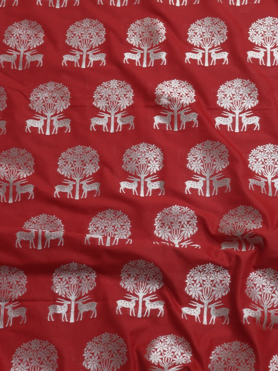 Red Banarasi Silk Silver Zari Deer Design Fabric ( 0.75 Mtr) - Luxurion World