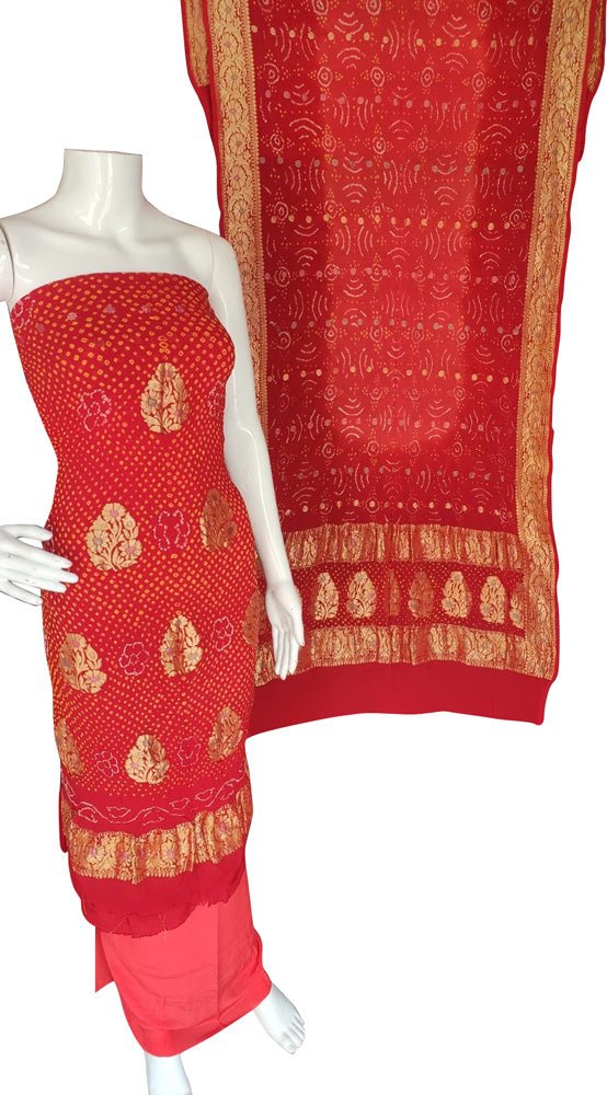 Red Bandhani Pure Georgette Three Piece Unstitched Suit Set - Luxurion World