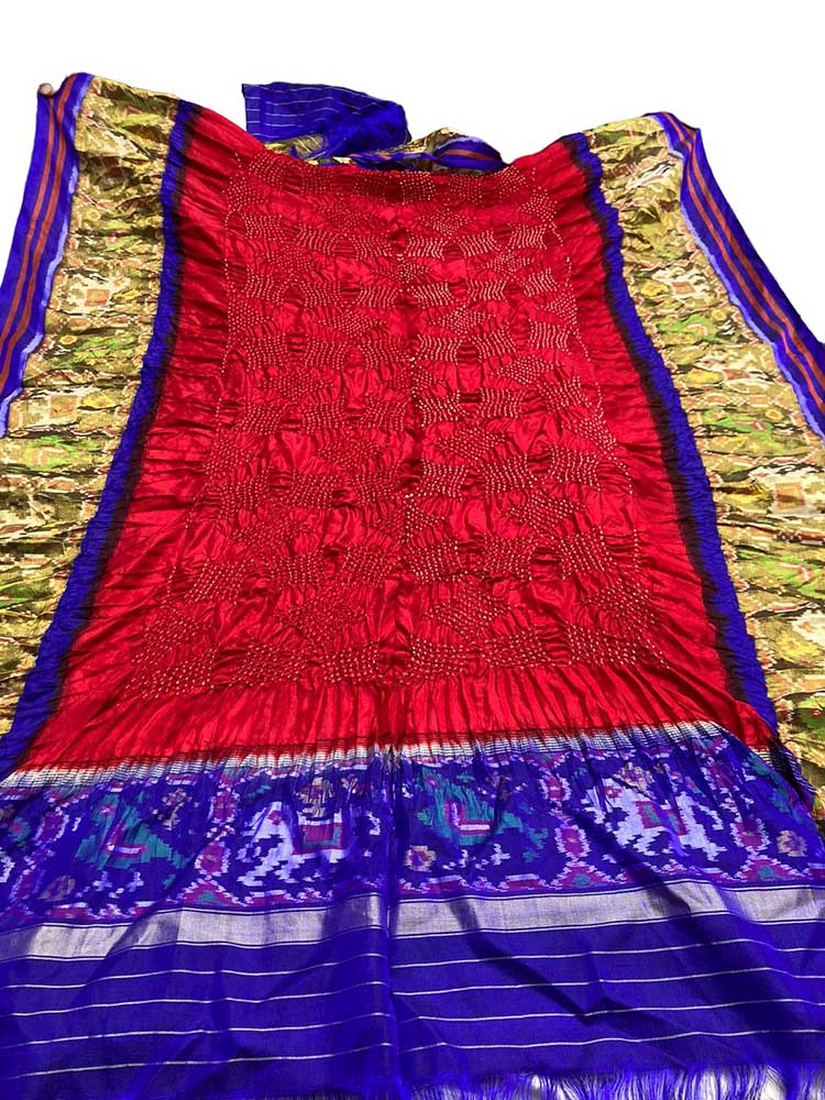 Red Bandhani Single Ikat Patola Pure Silk Dupatta - Luxurion World