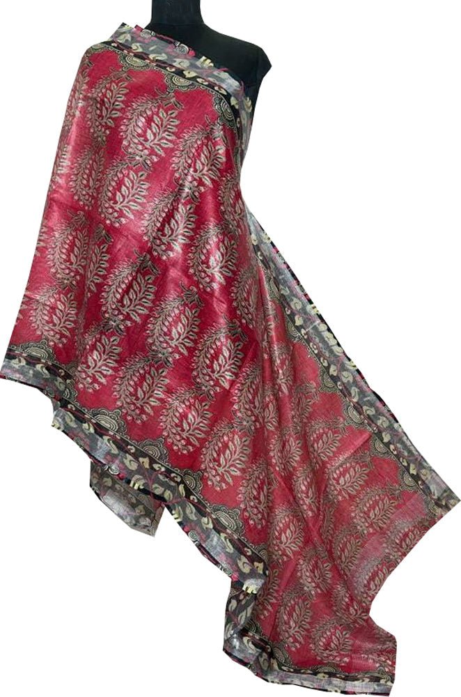 Red Digital Printed Linen Floral Design Dupatta - Luxurion World