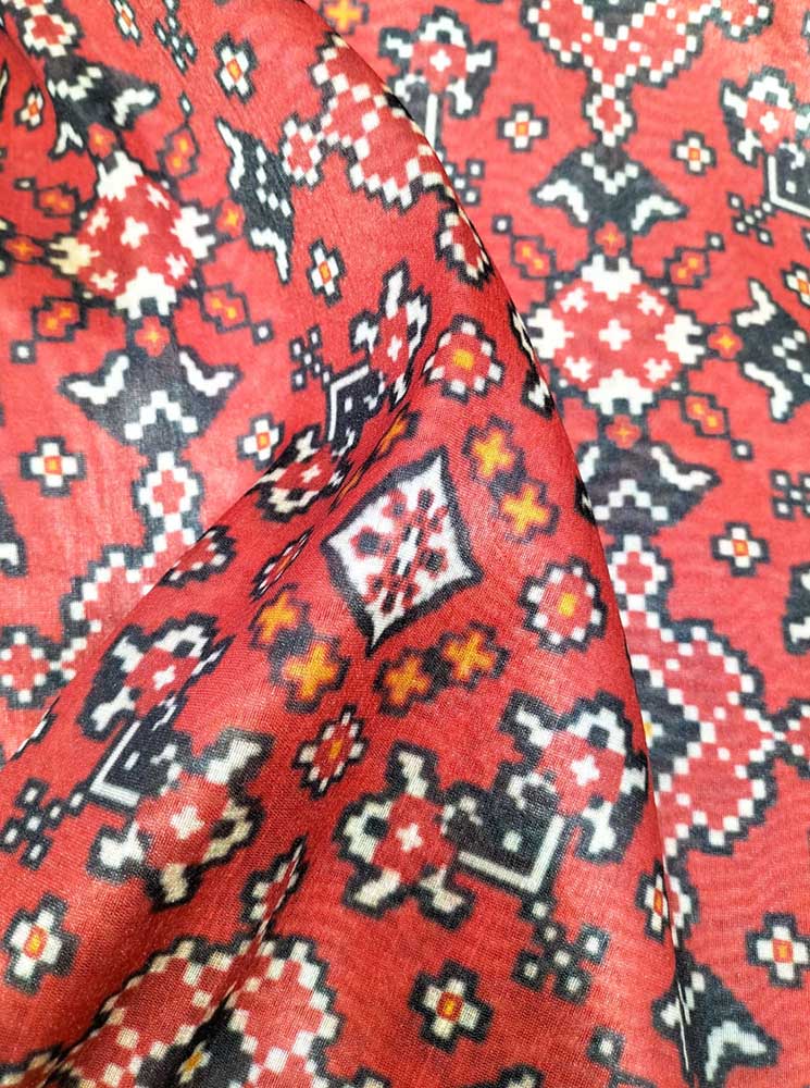 Red Digital Printed Tussar Silk Patola Design Fabric ( 1 Mtr ) - Luxurion World