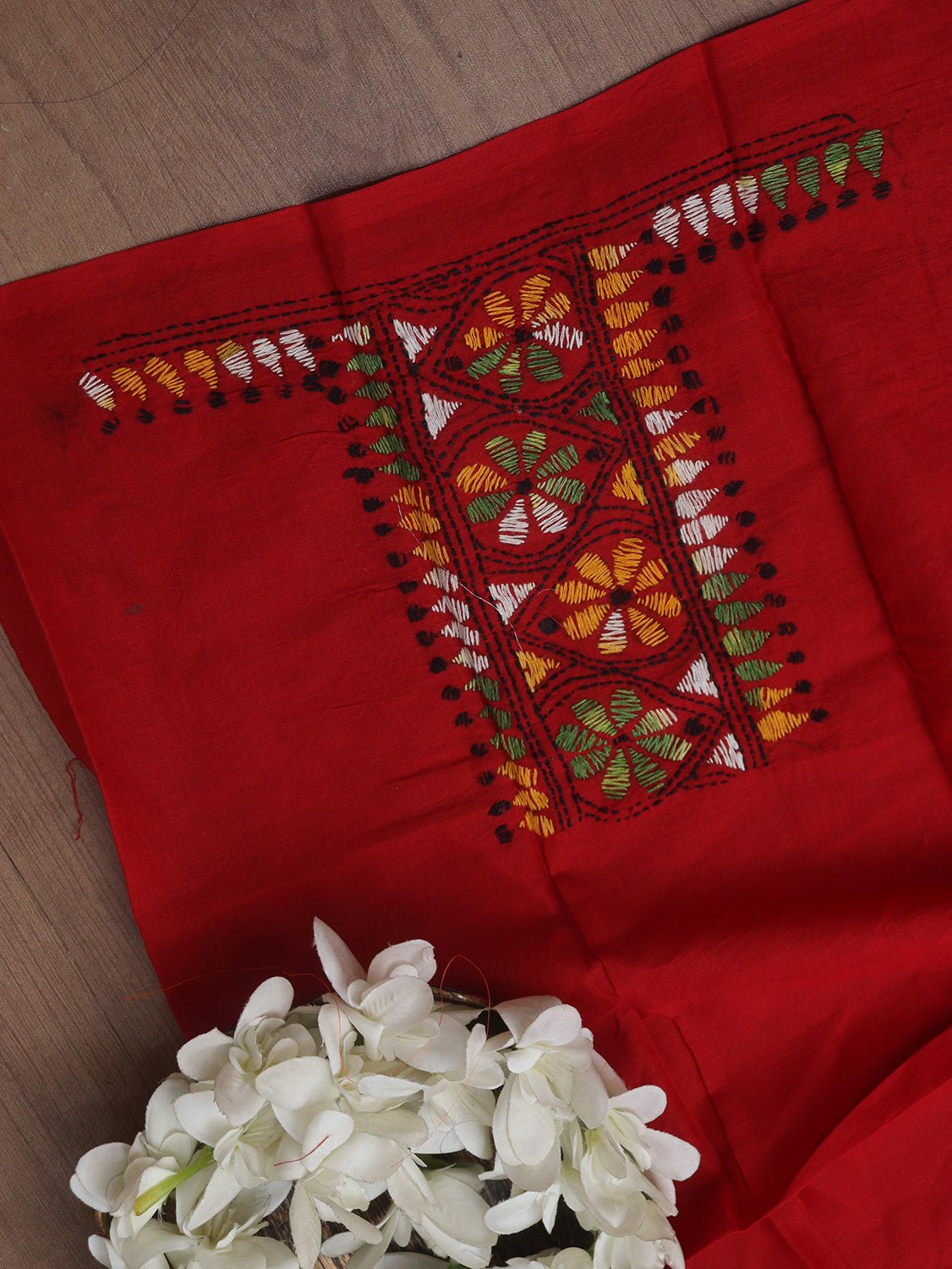 Red Embroidered Kantha Cotton Blouse Piece Fabric ( 1 Mtr ) - Luxurion World