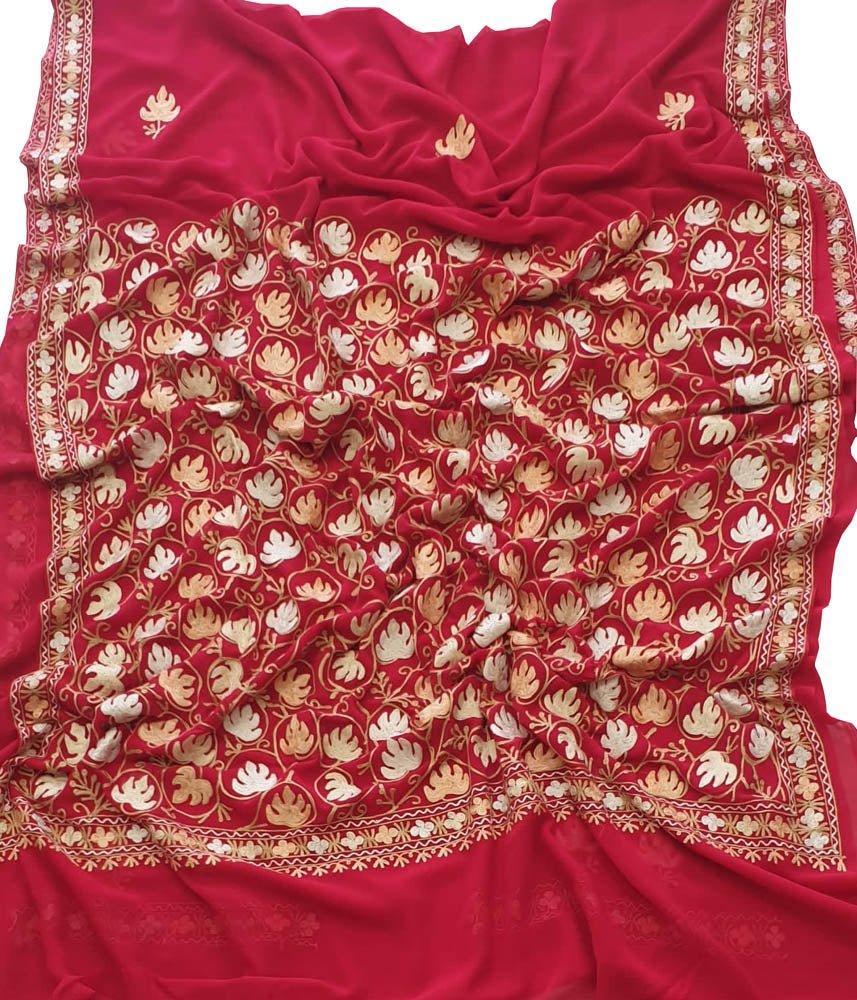 Red Embroidered Kashmiri Aari Work Georgette Saree - Luxurion World
