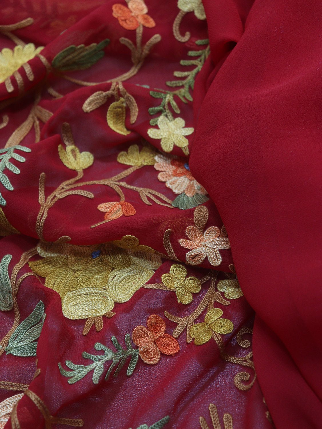 Red Embroidered Kashmiri Aari Work Georgette Saree - Luxurion World