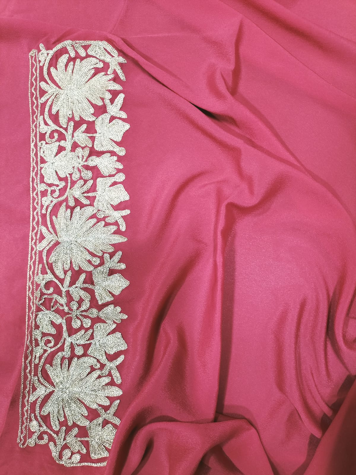 Red Embroidered Kashmiri Tilla Work Crepe Saree - Luxurion World
