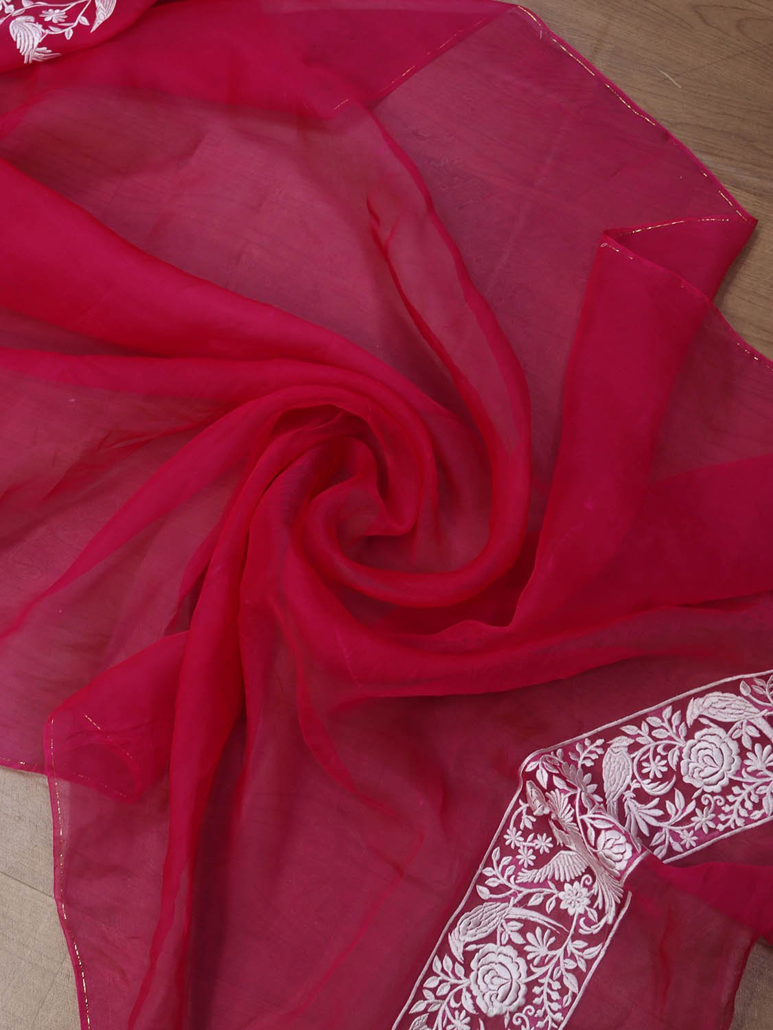 Pink Embroidered Parsi Gara Organza Bird And Floral Design Saree - Luxurion World