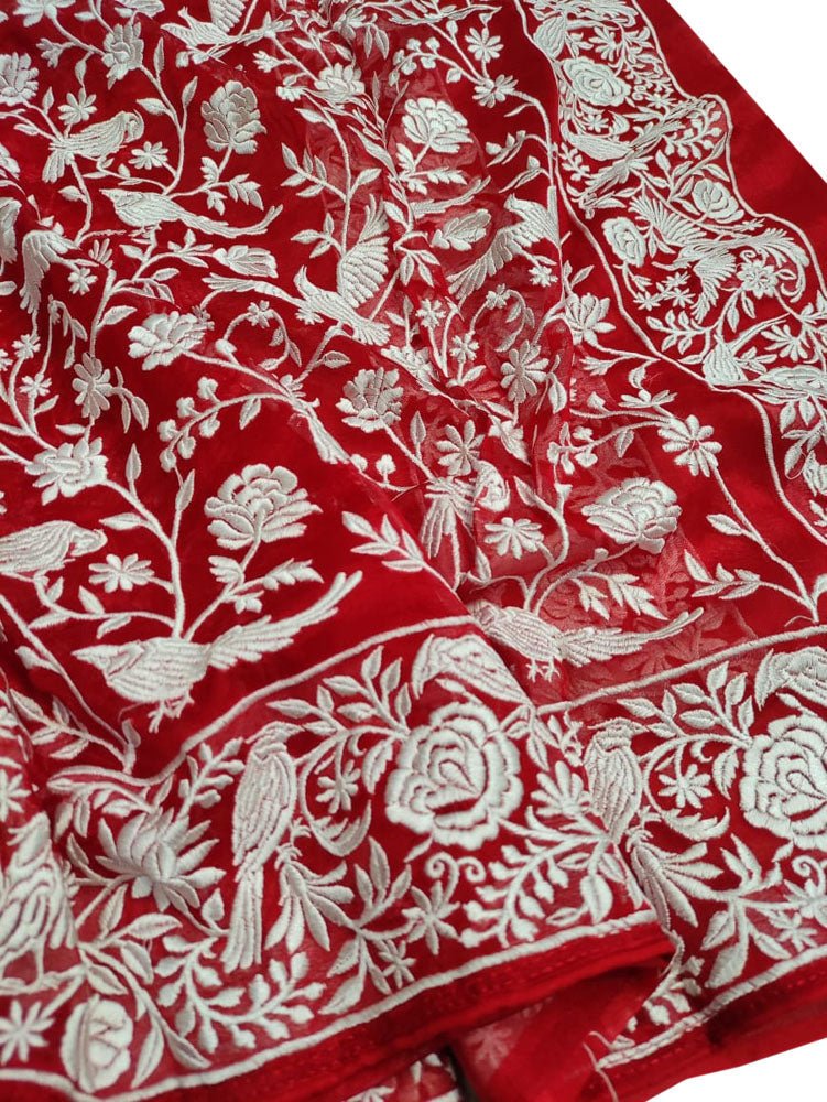 Red Embroidered Parsi Gara Organza Bird And Flower Design Saree - Luxurion World