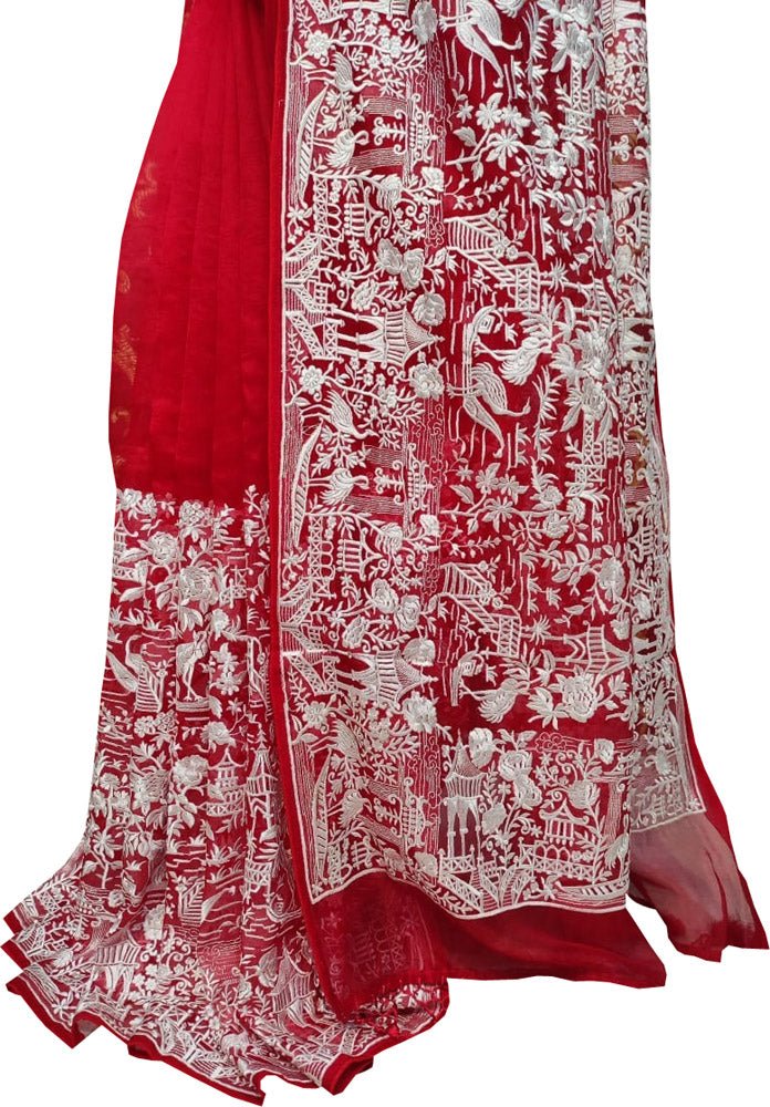 Red Embroidered Parsi Gara Organza Figure Work Saree - Luxurion World