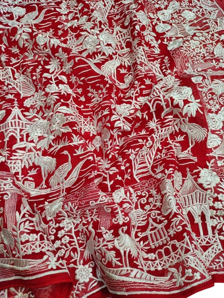 Red Embroidered Parsi Gara Organza Figure Work Saree - Luxurion World