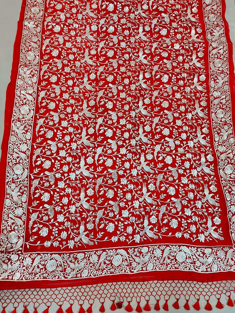 Red Embroidered Parsi Gara Pure Organza Saree - Luxurion World