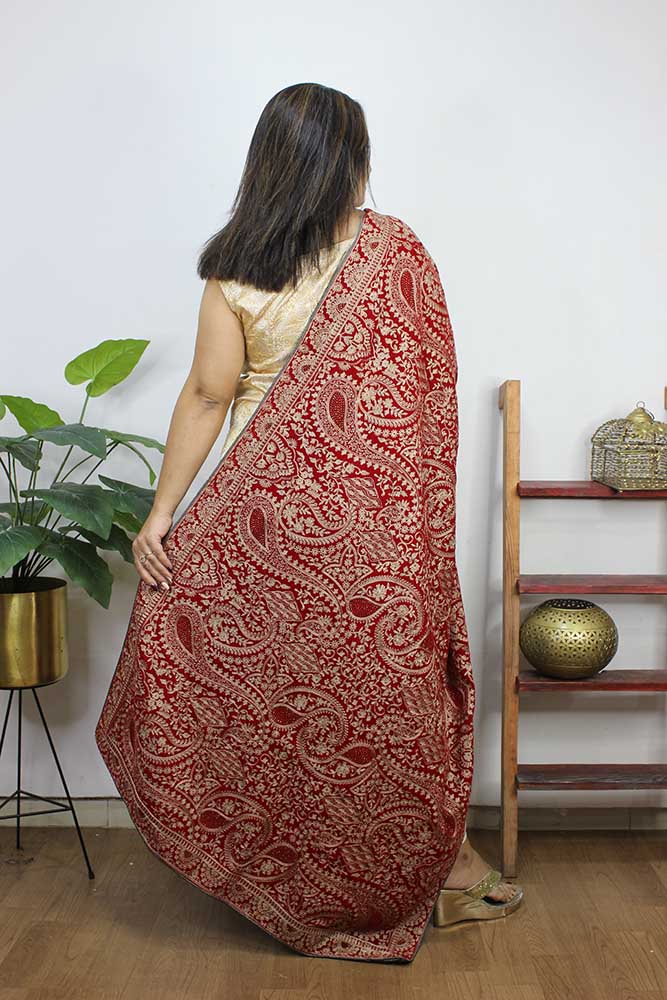 Red Embroidered Trendy Velvet Dupatta - Luxurion World