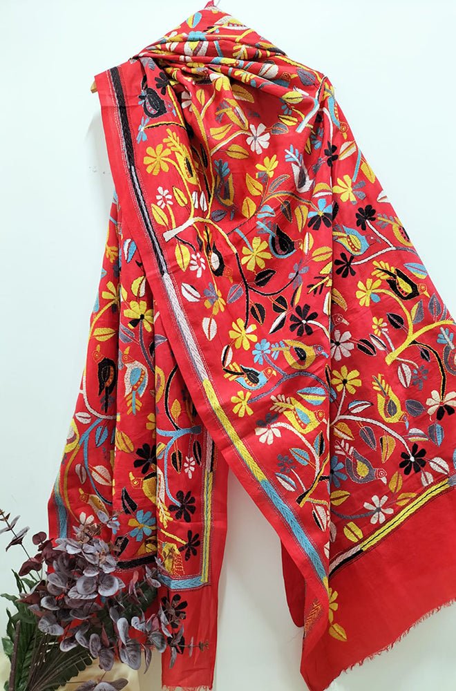 Red Hand Embroidered Kantha Bangalore Silk Dupatta - Luxurion World