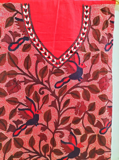 Red Hand Embroidered Kantha Cotton Unstitched Kurti - Luxurion World