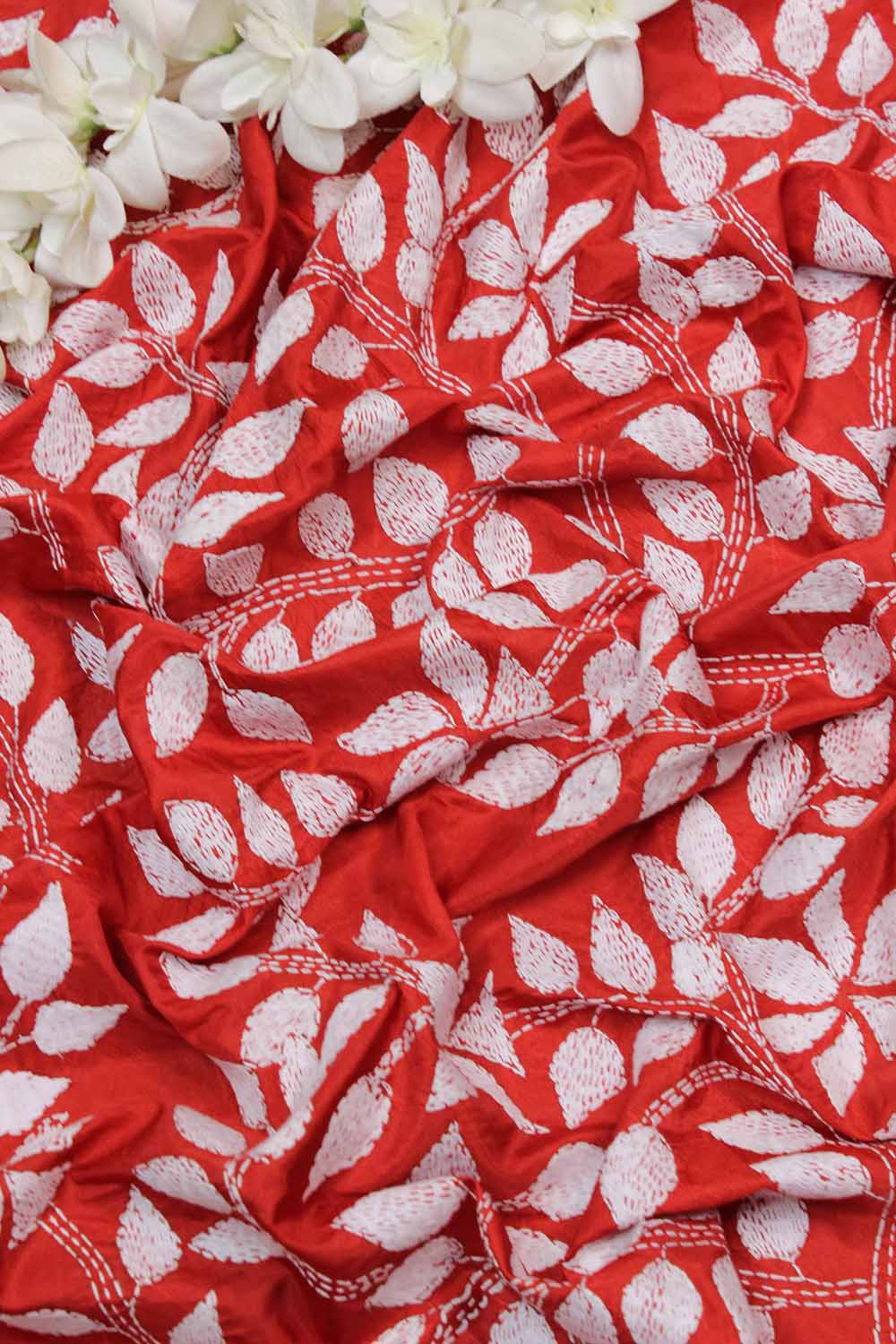 Red Hand Embroidered Kantha Silk Fabric ( 0.80 Mtr ) - Luxurion World