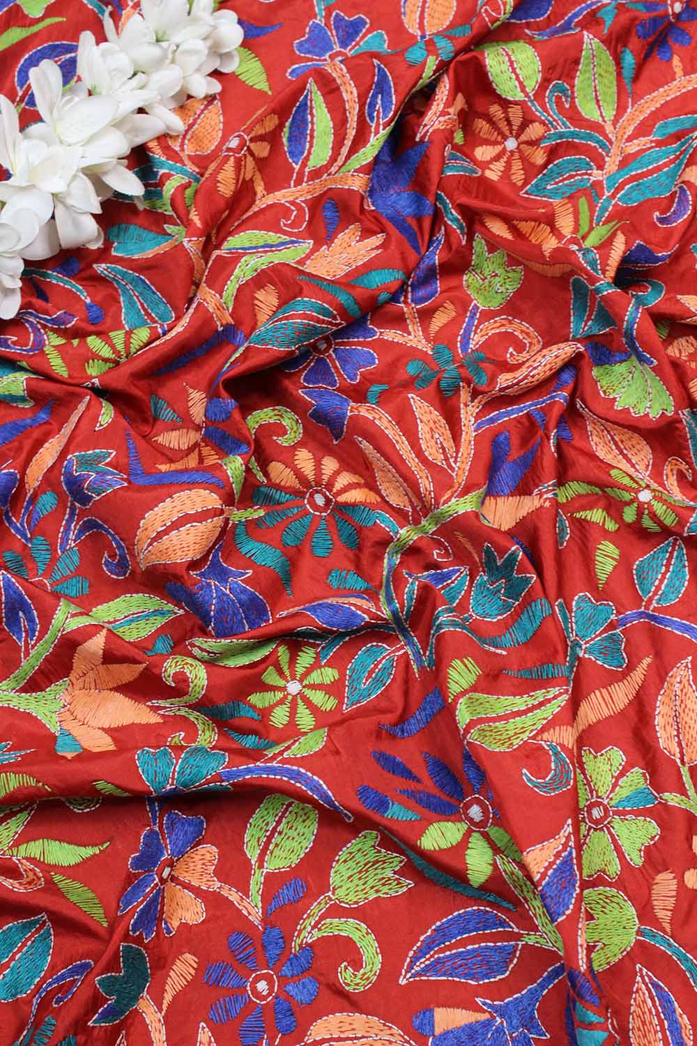 Red Hand Embroidered Kantha Silk Fabric ( 1 Mtr ) - Luxurion World