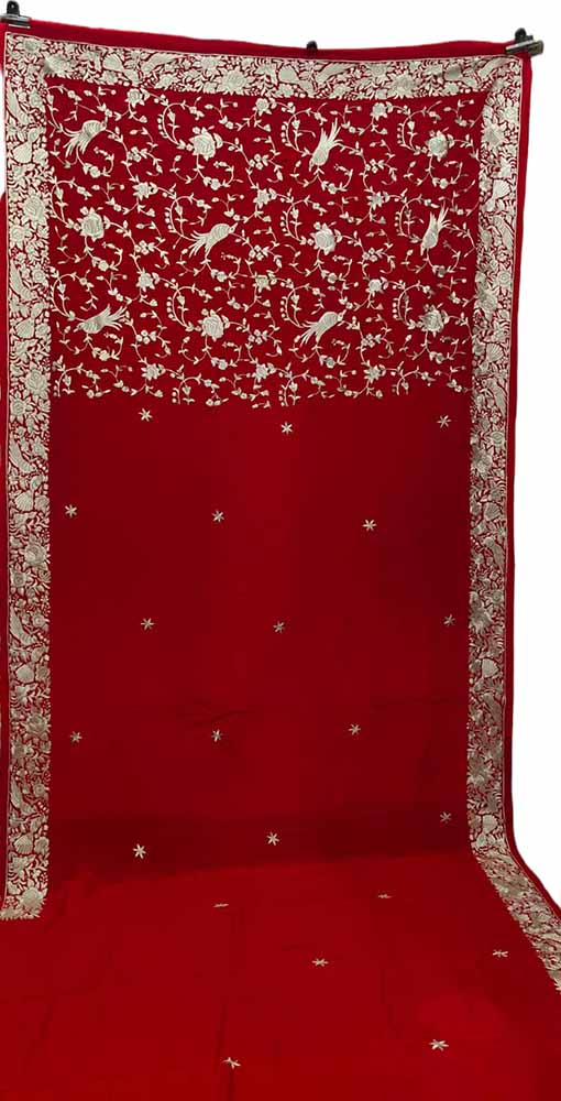 Red Hand Embroidered Parsi Gara Pure Crepe Bird Design Saree - Luxurion World