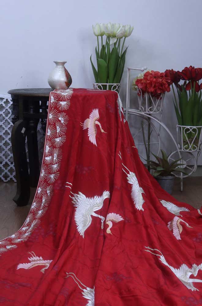Red Hand Embroidered Parsi Gara Pure Crepe Saree With Hand Painted Design - Luxurion World