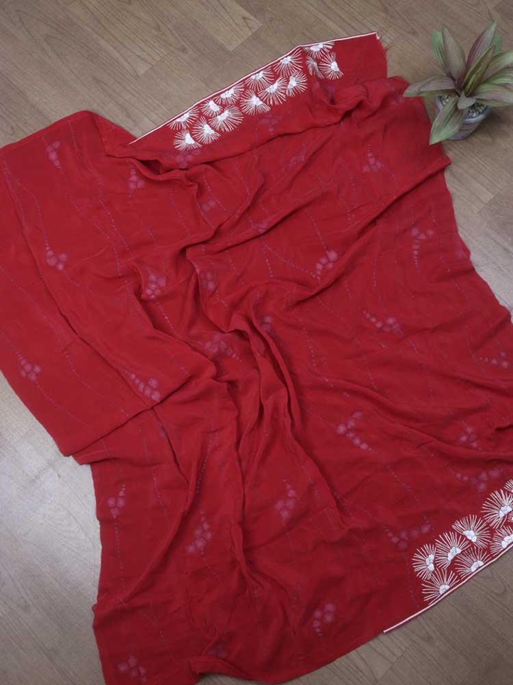 Red Hand Embroidered Parsi Gara Pure Crepe Saree With Hand Painted Design - Luxurion World