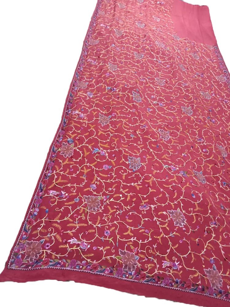 Red Hand Embroidered Parsi Gara Pure Georgette Flower Design Saree - Luxurion World