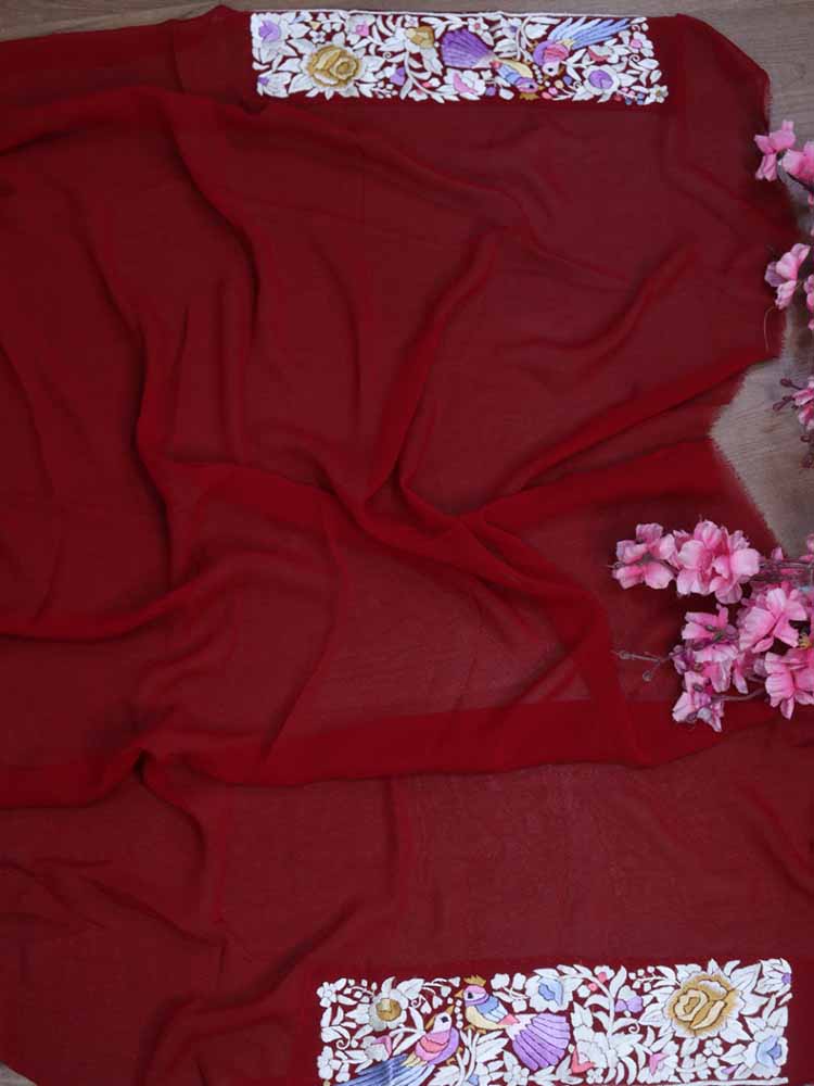Red Hand Embroidered Parsi Gara Pure Georgette Saree - Luxurion World
