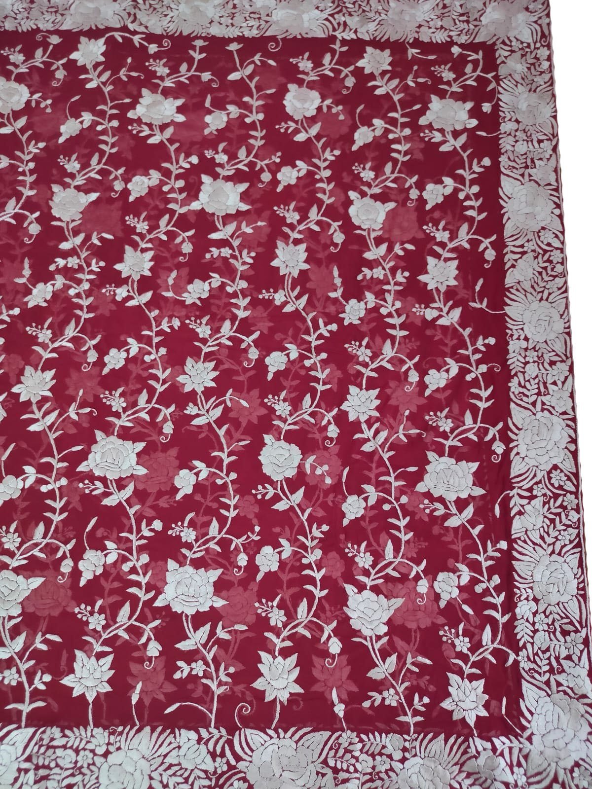 Red Hand Embroidered Parsi Work Pure Georgette Dupatta - Luxurion World